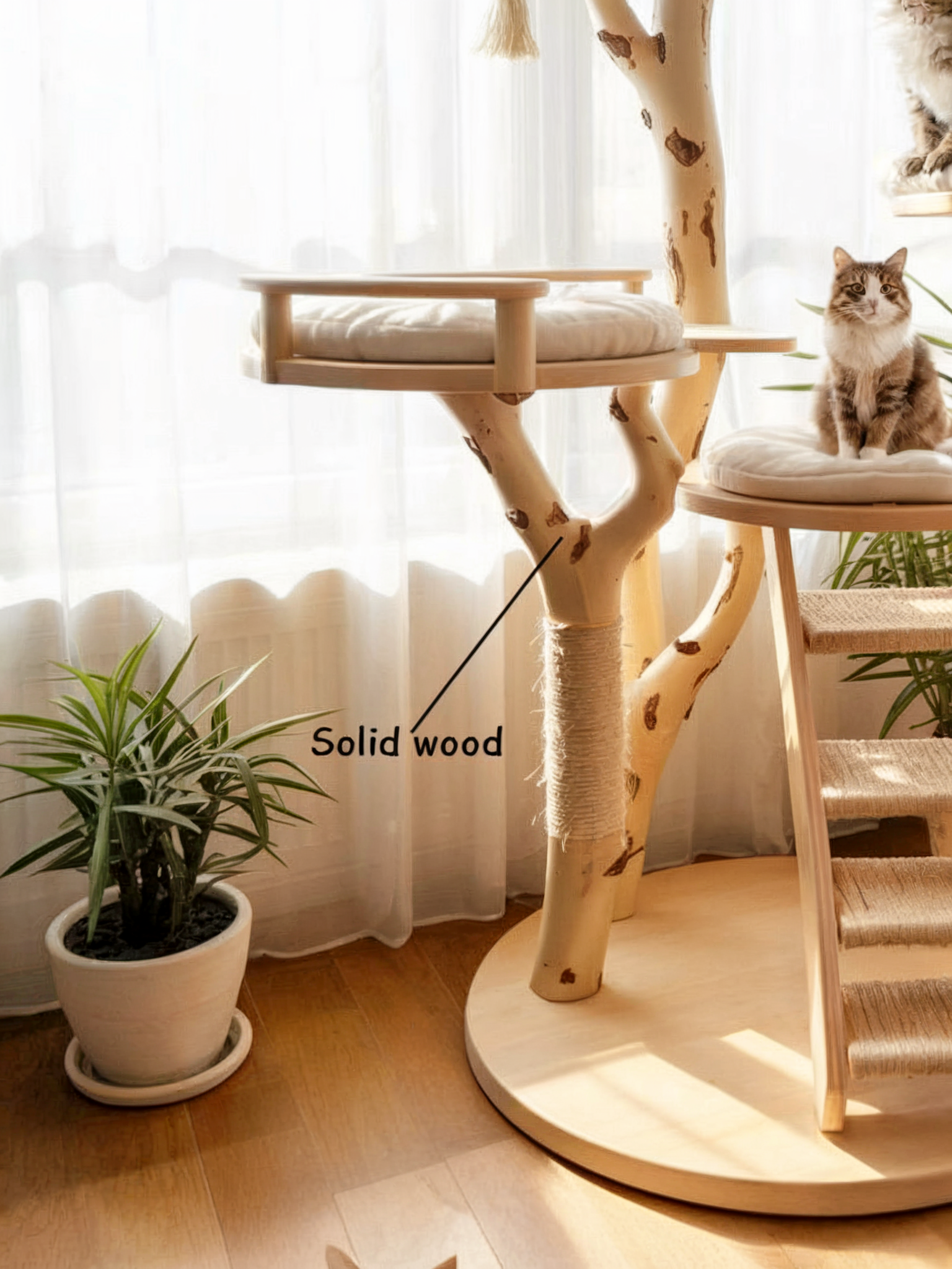 Rustic Solid Wood Cat Tree – Handmade Natural Wood Cat Tower Stand, Large Play Structure