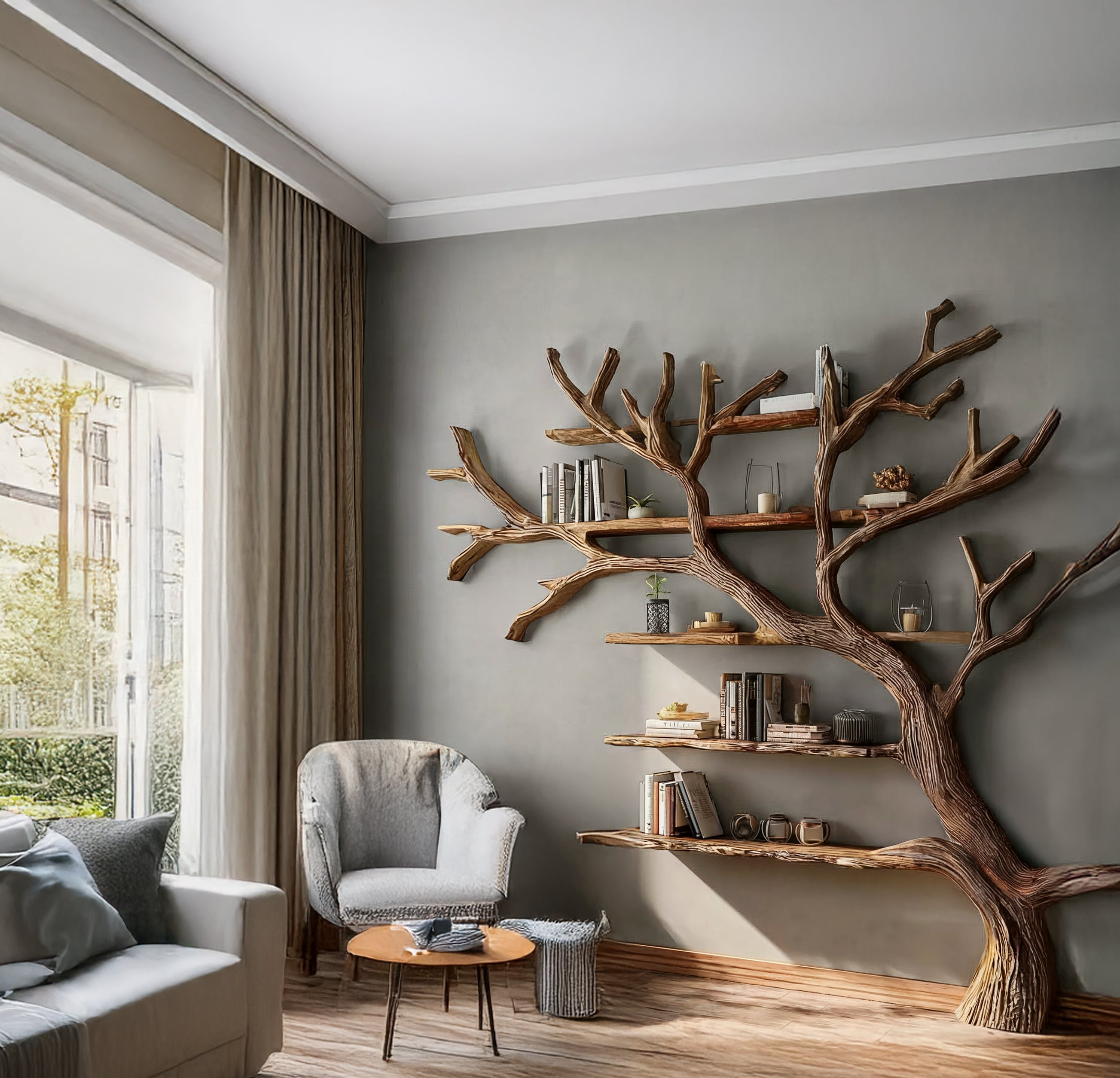 Solid Driftwood Wall Bookshelf – Rustic Farmhouse Floating Tree Branch Shelf