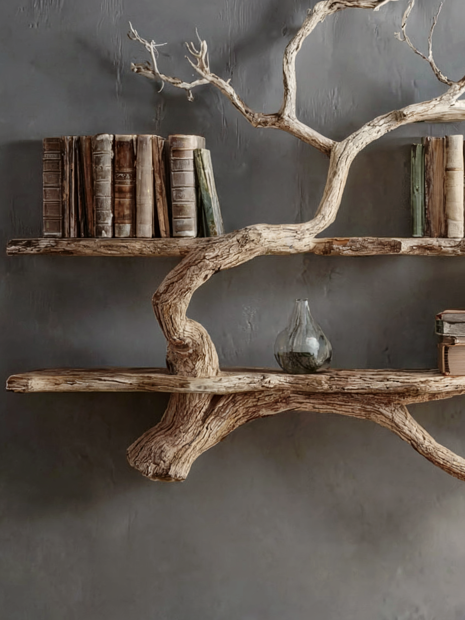 Corner Tree Floating Bookshelf – Driftwood Branch Wall Mounted Hanging Shelf, Artistic Corner Furniture Decoration