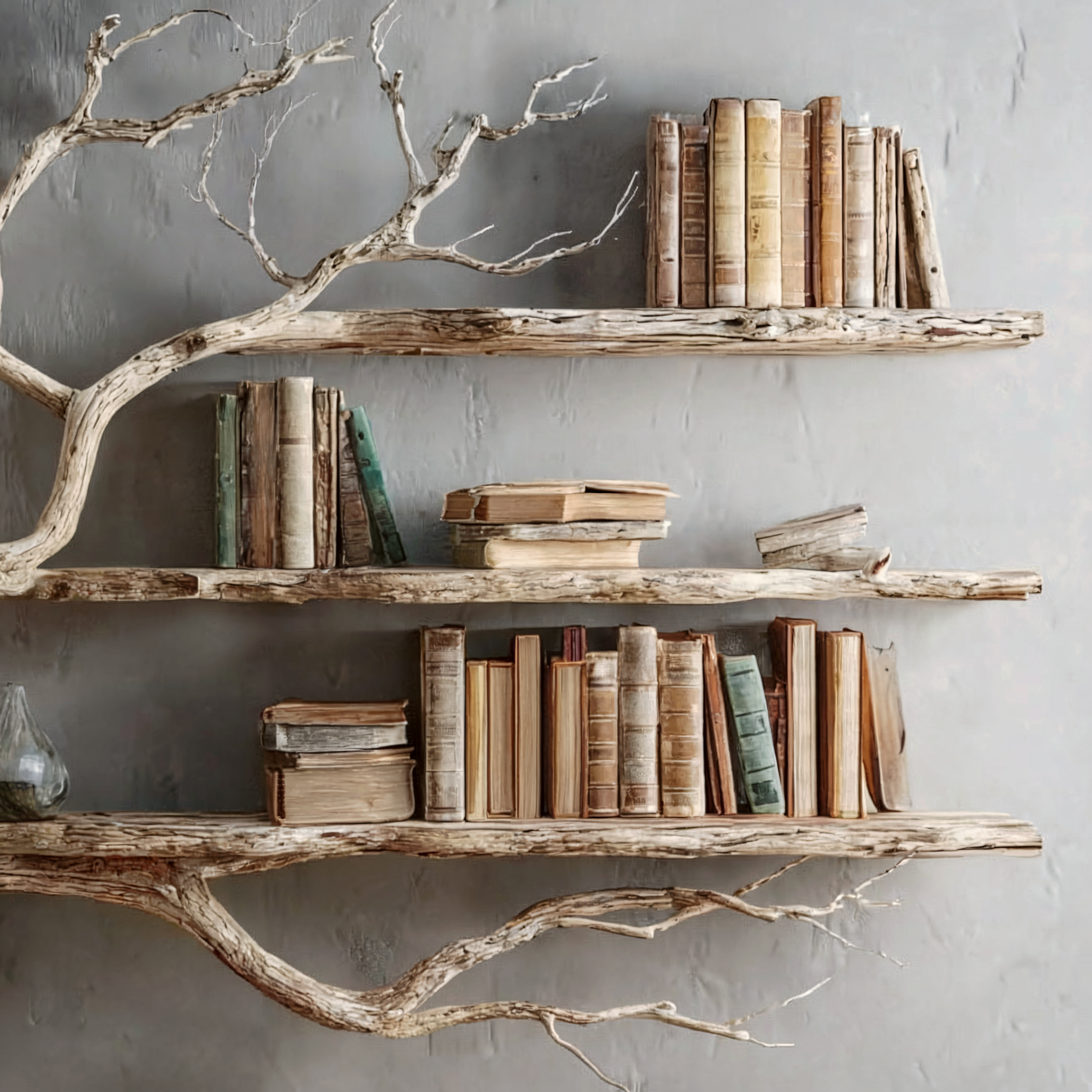 Corner Tree Floating Bookshelf – Driftwood Branch Wall Mounted Hanging Shelf, Artistic Corner Furniture Decoration