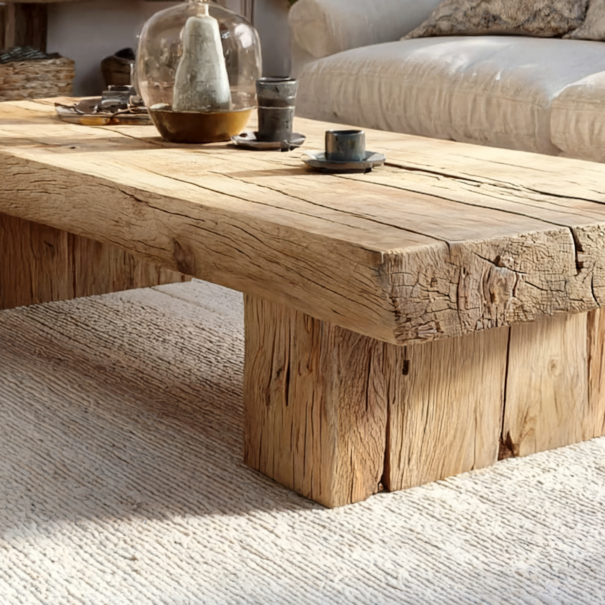 Rustic Handmade Wooden Coffee Table – Live Edge Solid Wood Trestle Farmhouse Rectangular End Table
