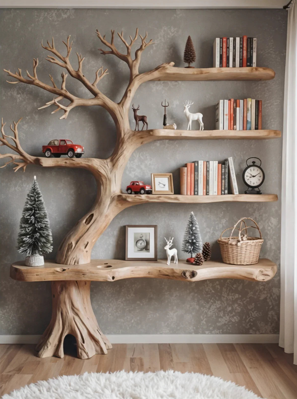 Tree-shaped solid wood bookshelf with books, toy cars, deer figurines, and decor accents