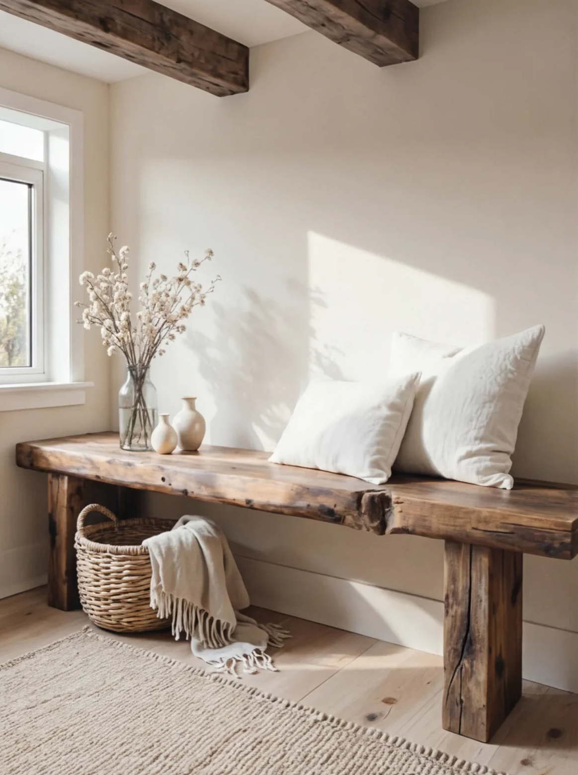 Solid wood live edge bench with throw pillows, vases, and a woven basket in a cozy sunlit room.