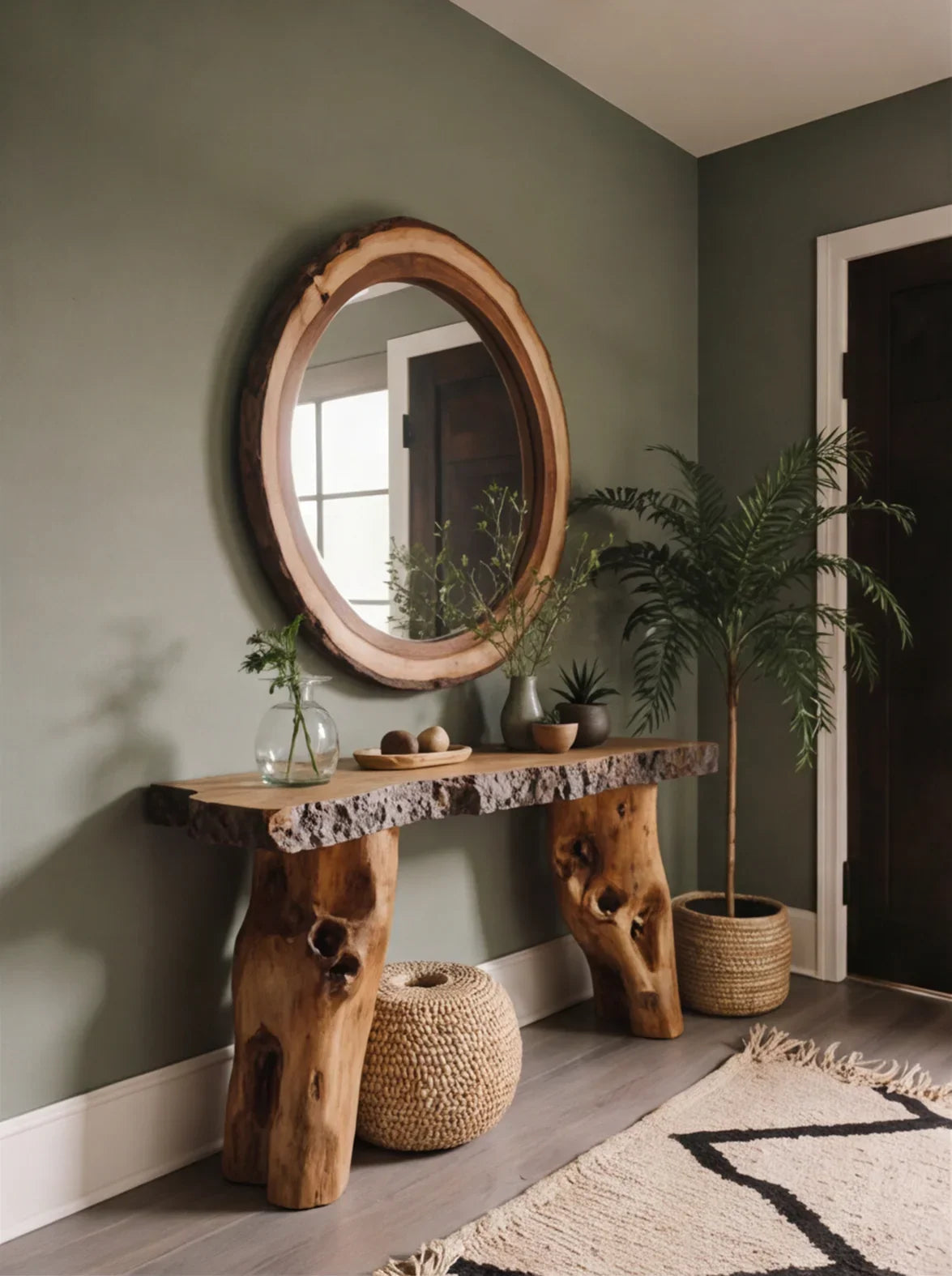 Live edge wood console table with rustic mirror and potted plants in entryway