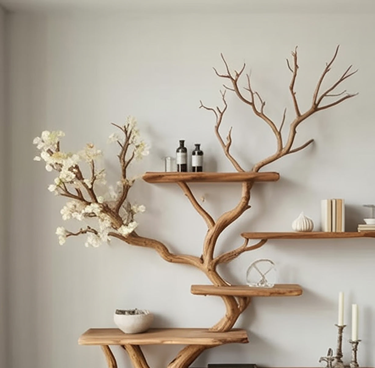 Handcrafted Tree Branch Bookshelf - Natural Wood Floating Shelves - Artistic Wall Decor
