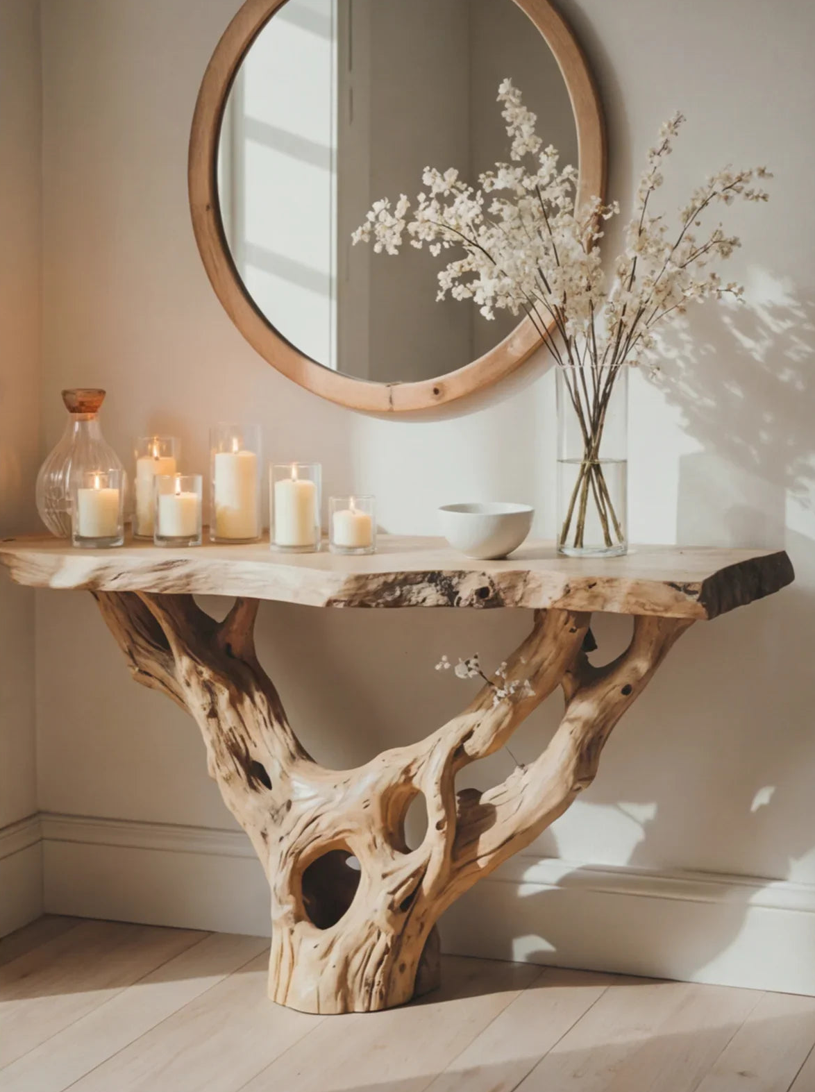 Live edge console table with natural wood base, candles, and flowers, under round mirror