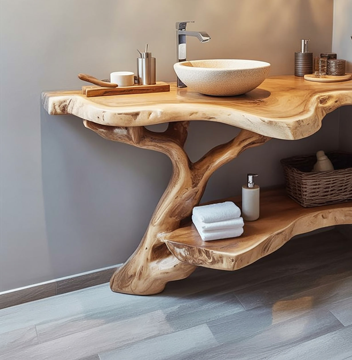 Handcrafted Live Edge Solid Wood Bathroom Vanity with Sculptural Tree Base