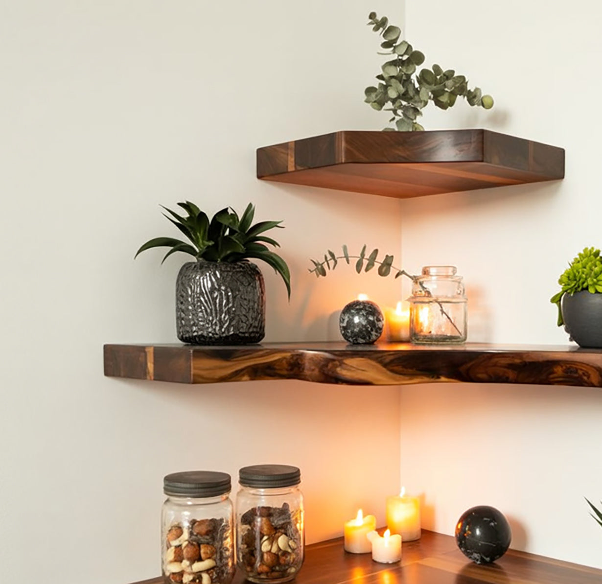 Handcrafted Walnut Corner Shelf – Natural Edge Wood Storage for Living Room