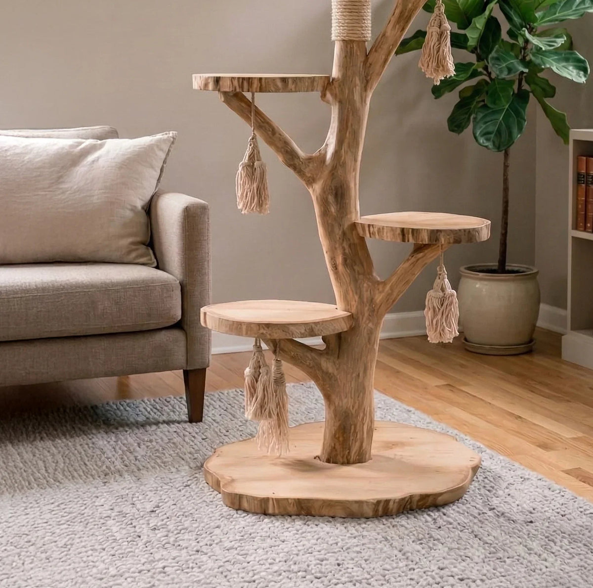 Handmade wooden cat climbing tower in solid hardwood
