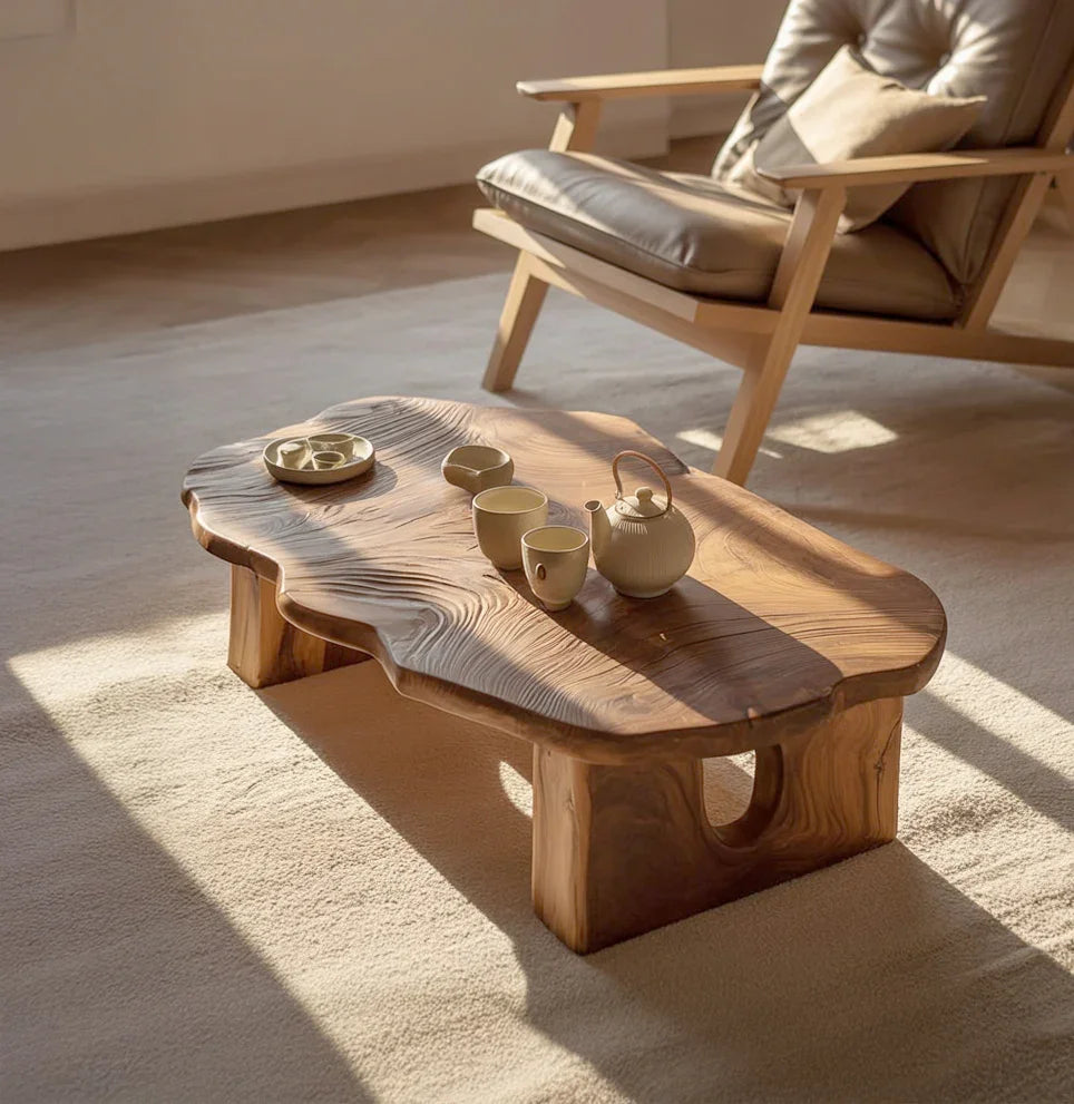 organic live edge coffee table in living room with natural wood grain and modern decor
