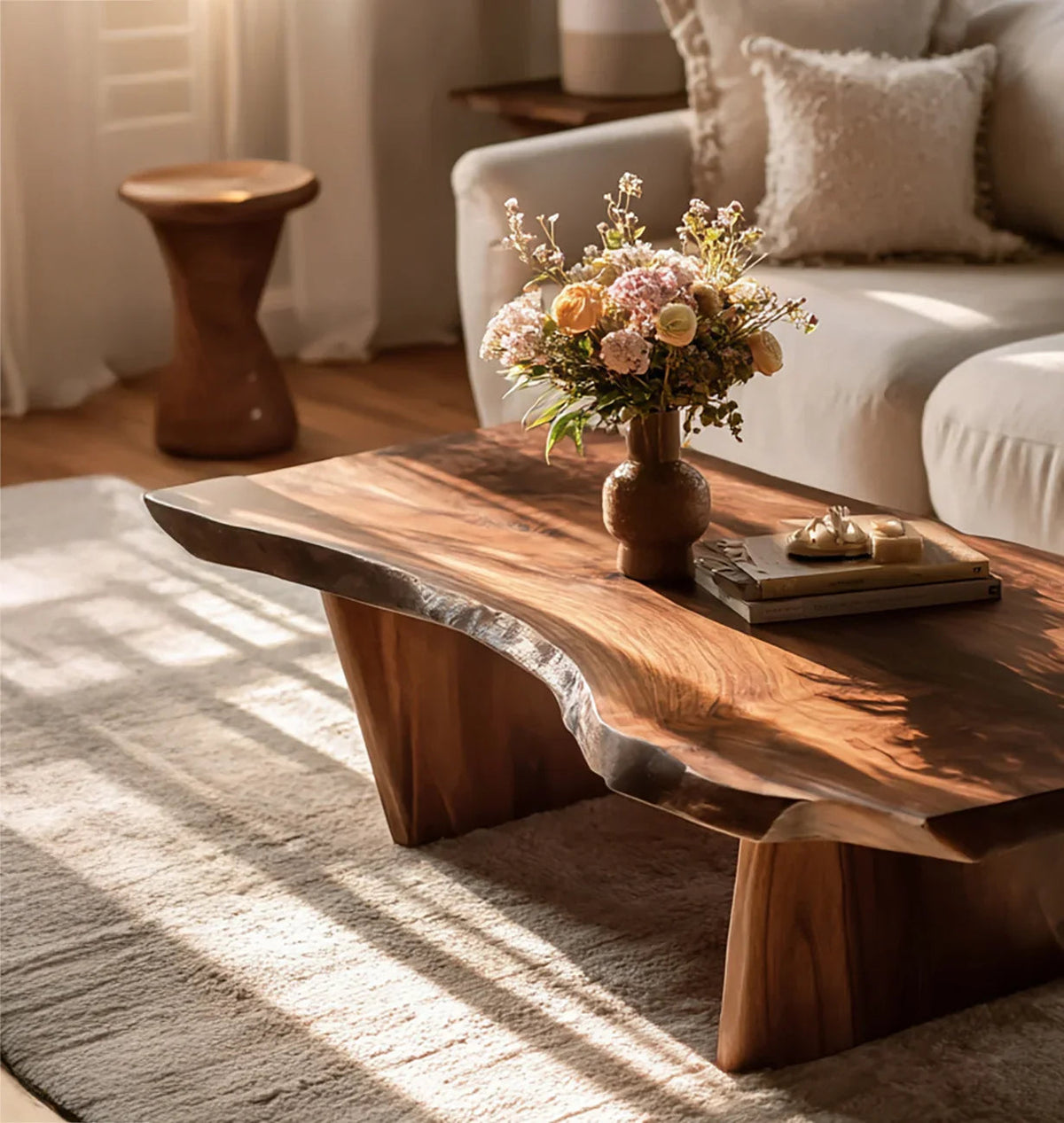rustic handmade solid wood coffee table in living room with natural wood grain detail