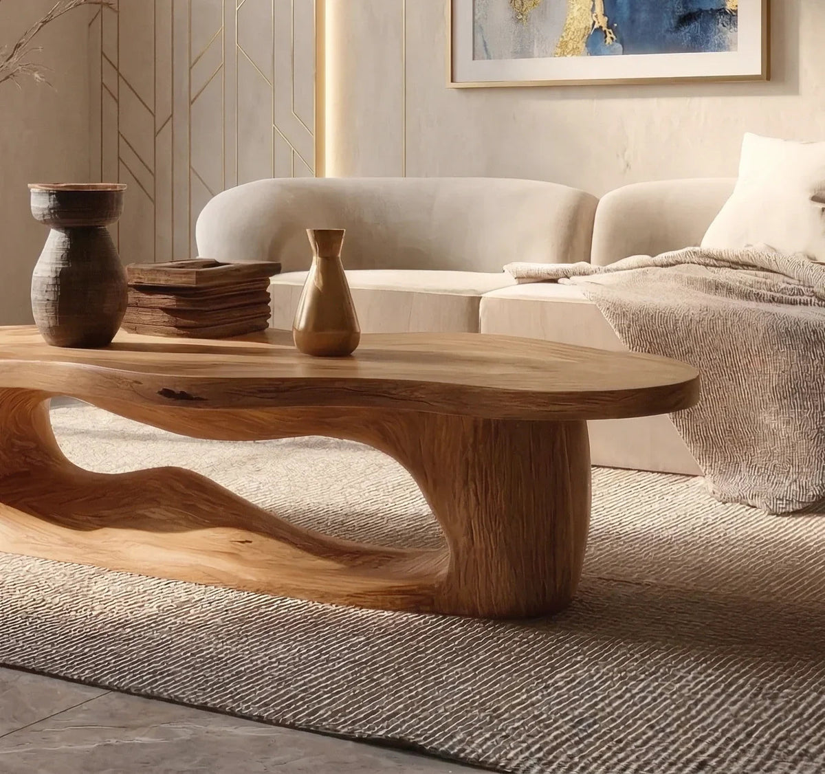 mid century modern coffee table in living room with minimalist decor and sofa