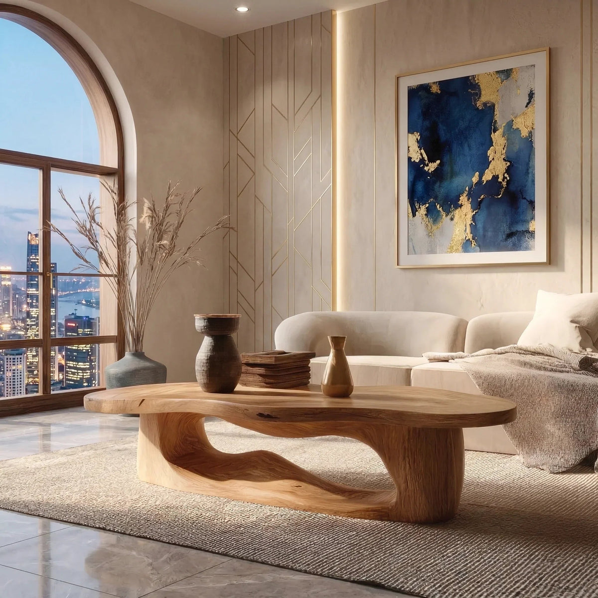 mid century modern coffee table in living room with minimalist decor and sofa