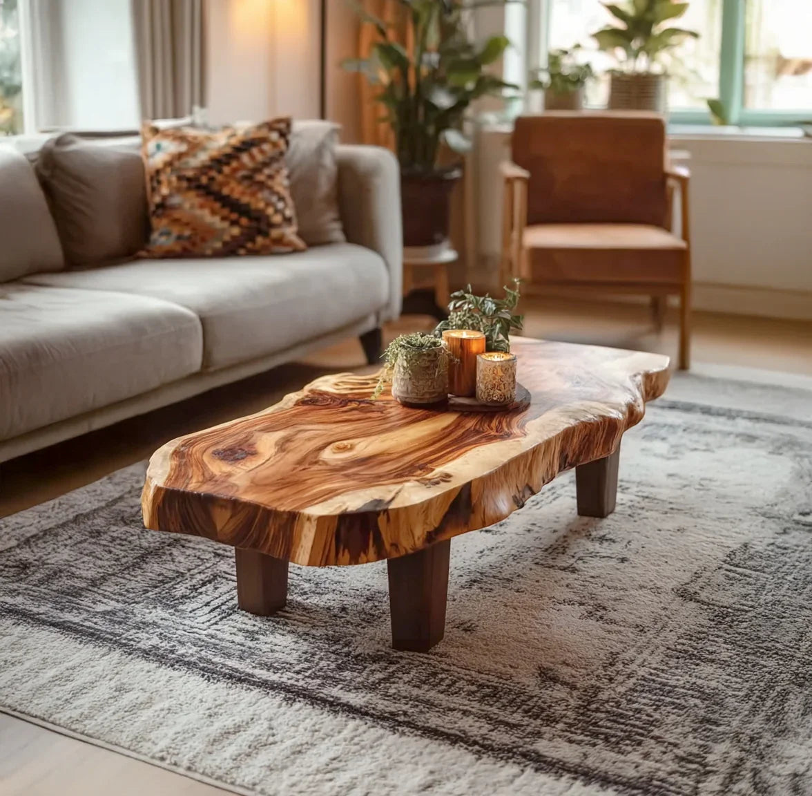vintage inspired natural wood coffee table in cozy living room with warm decor