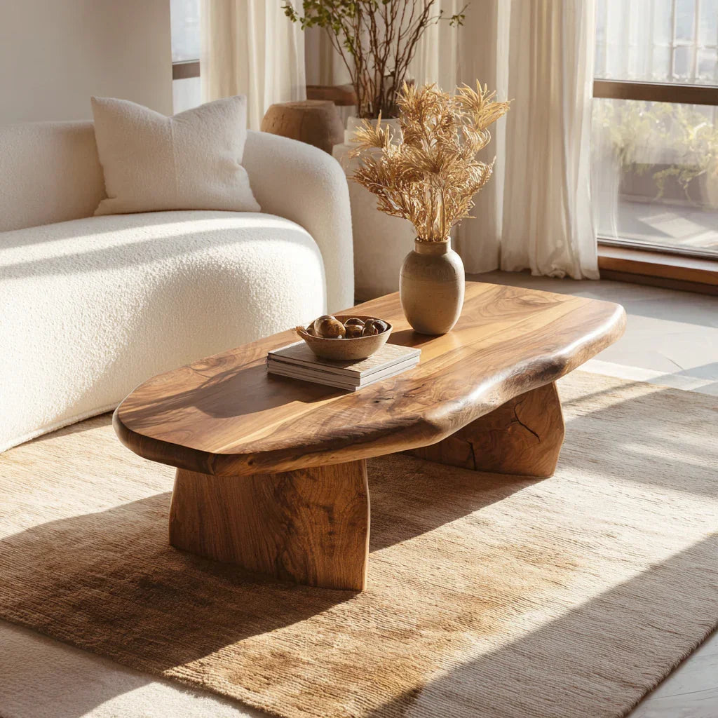 vintage inspired natural wood coffee table in relaxing living room with warm decor
