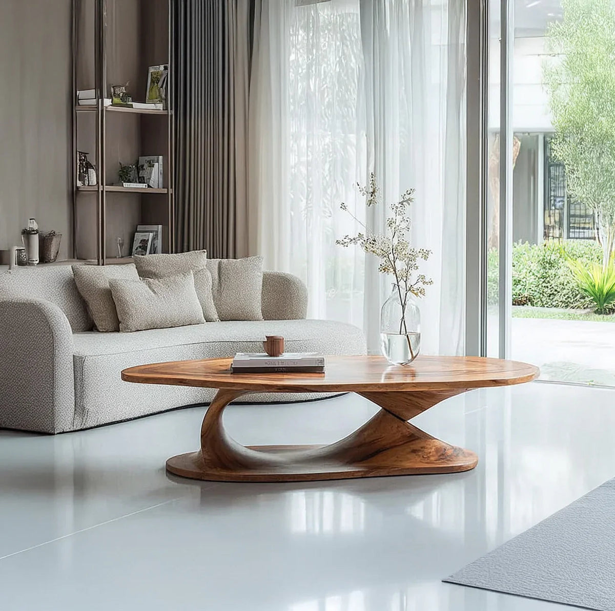 handmade live edge wood coffee table with rustic farmhouse trestle base in living room