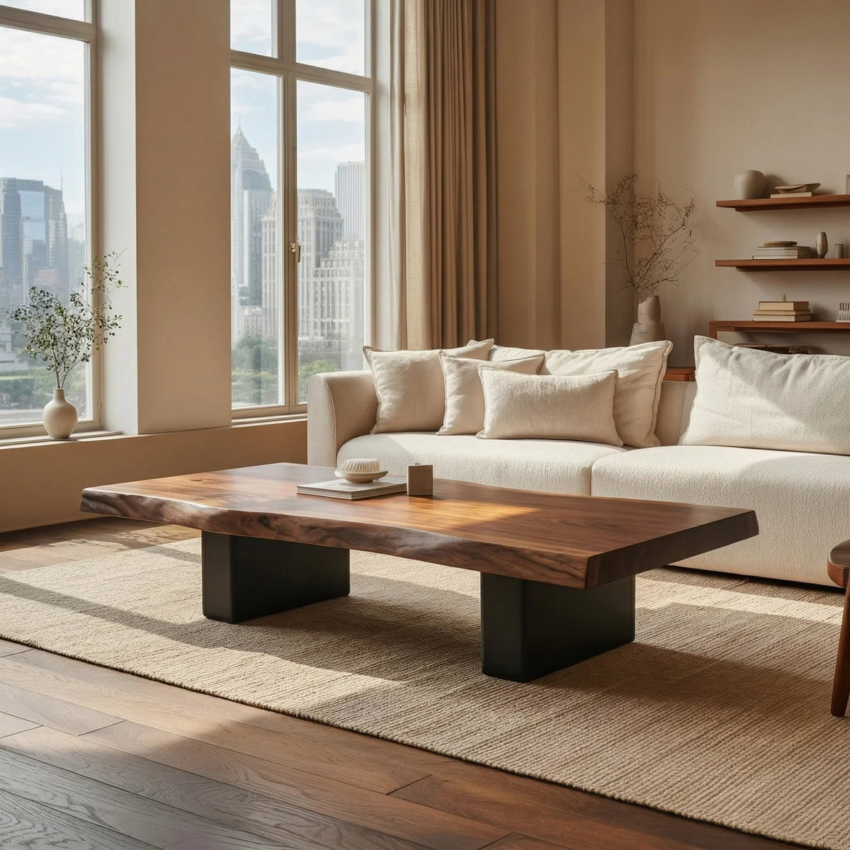 Handcrafted live edge coffee table with natural tree root base design