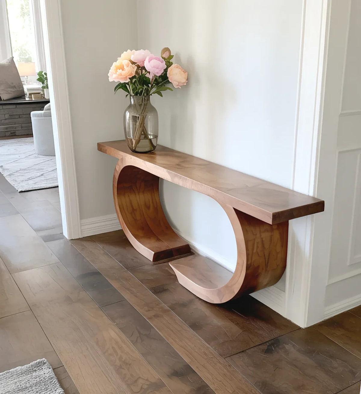 Live edge console table with handcrafted organic wood design for entryway