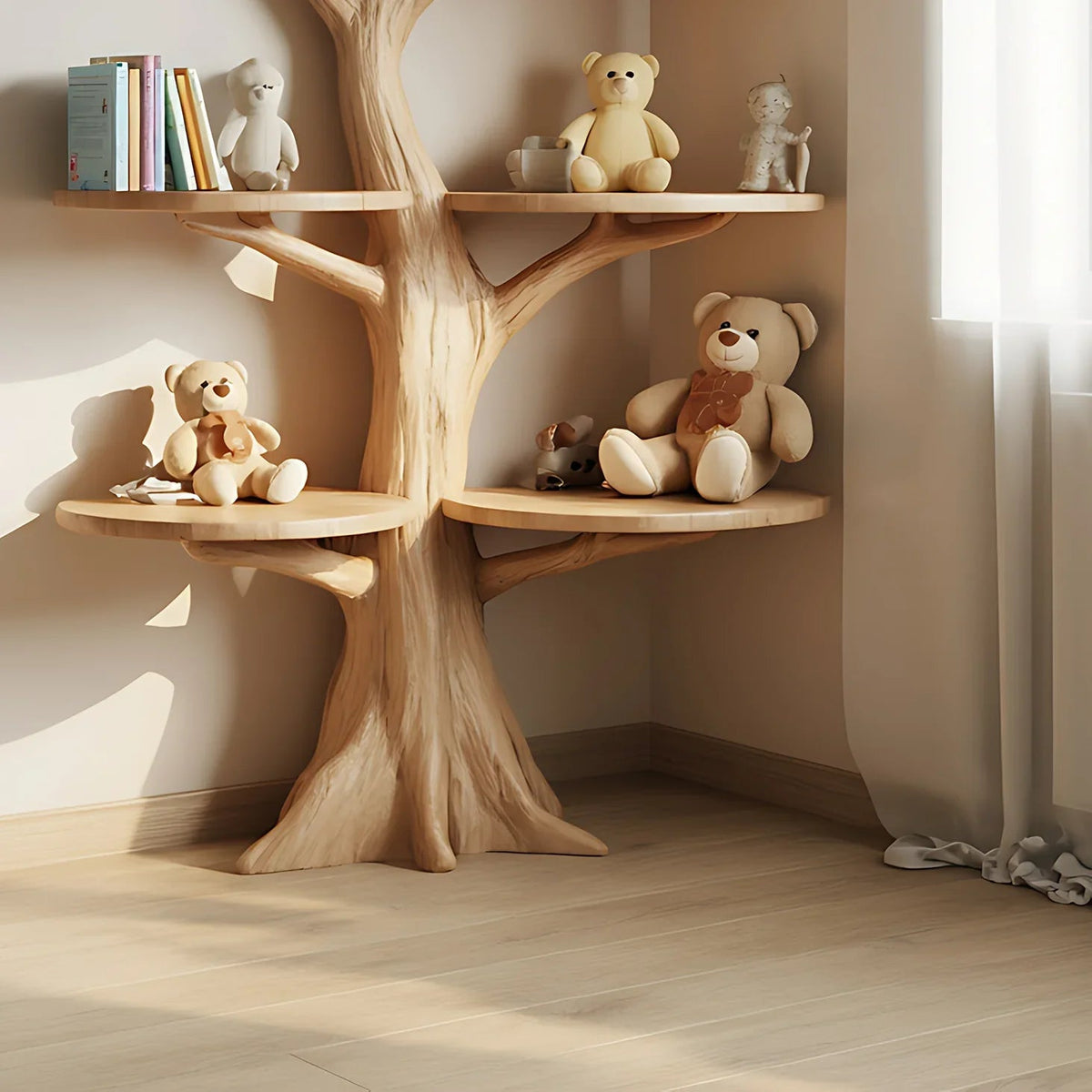 Tree bookshelf nursery corner layout next to window with plush toys and books