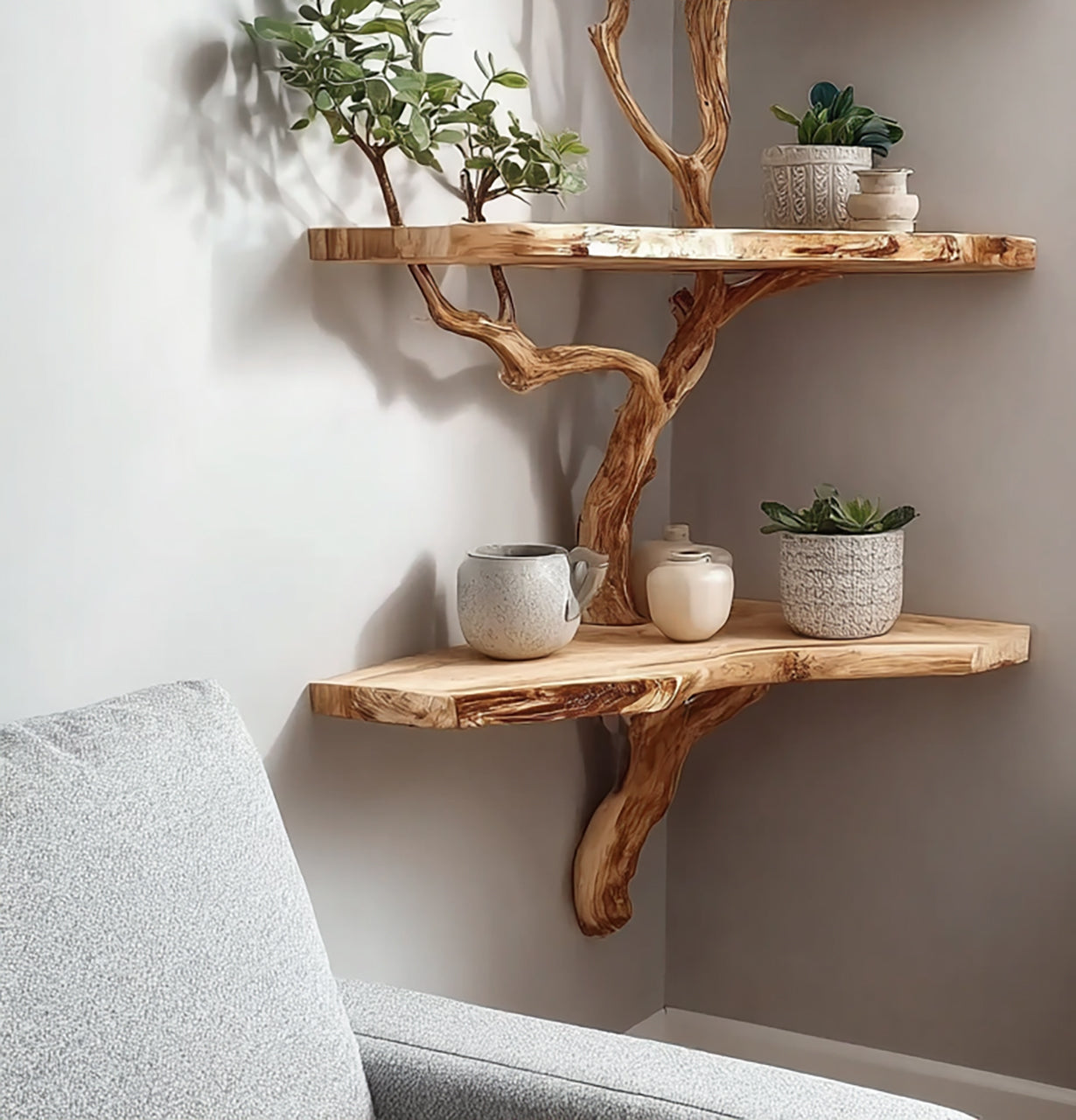 Rustic Corner Tree Branch Shelf – Wooden Floating Corner Shelf