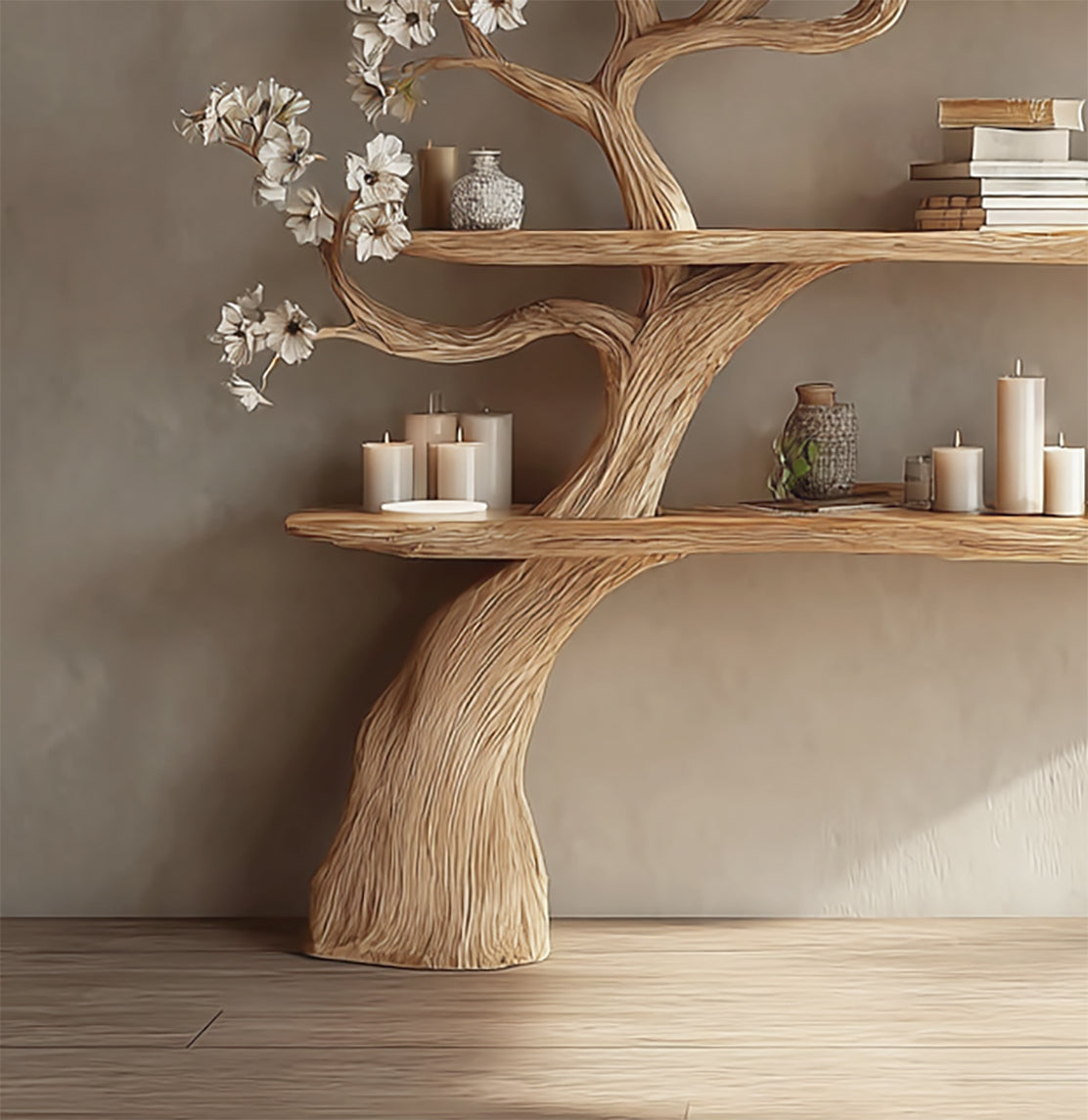 Rustic Tree Branch Bookshelf – Floating Wall Shelf for Living Room