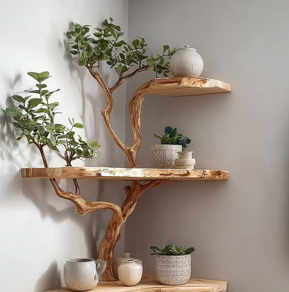 Rustic Corner Tree Branch Shelf – Wooden Floating Corner Shelf