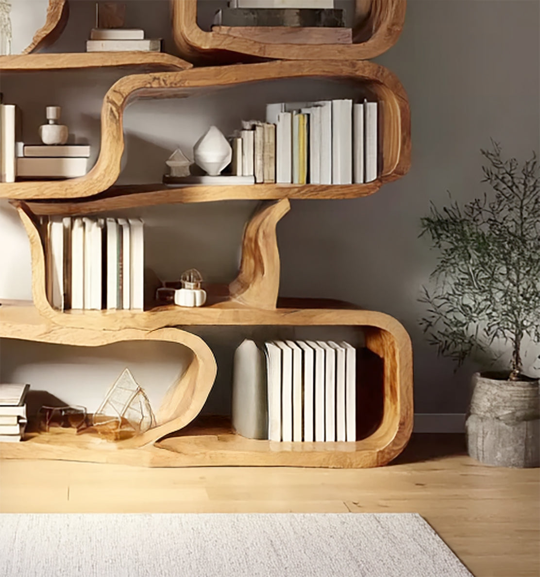 Handcrafted Solid Wood Bookshelf – Modern Sculptural Bookcase, Artistic Storage Shelf