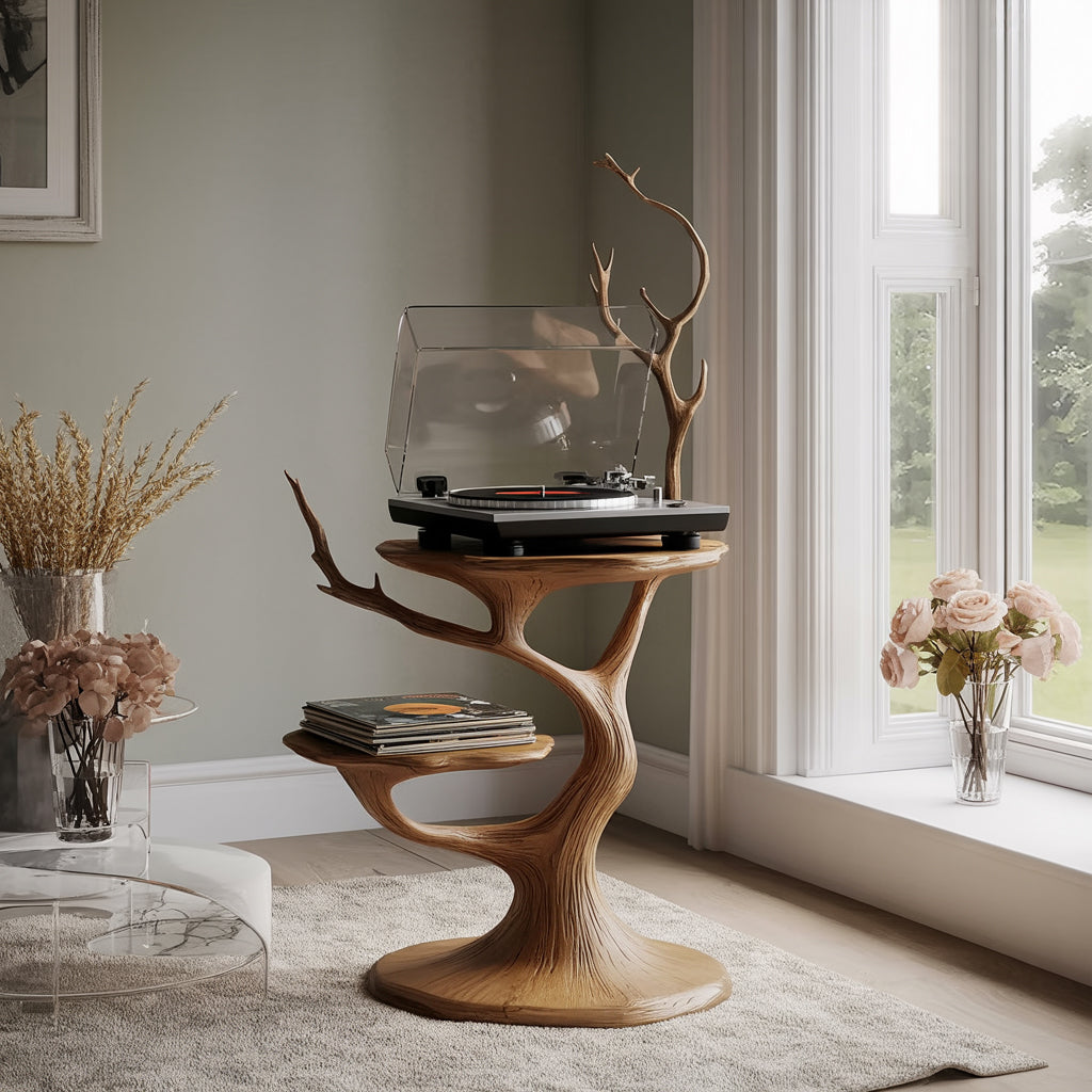 Handcrafted Solid Wood Record Player Stand – Sculptural Vinyl Turntable Table