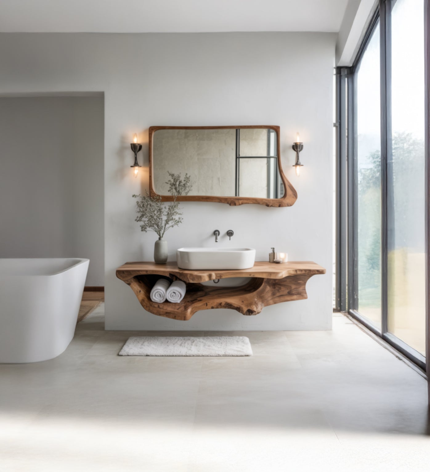 Solid Wood Floating Vanity – Walnut Live Edge Bathroom Sink & Farmhouse Décor