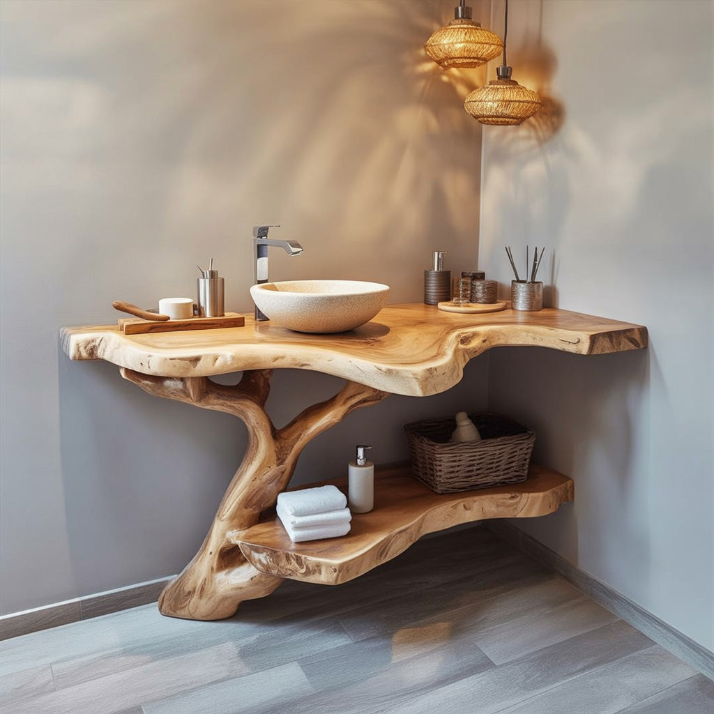 Handcrafted Live Edge Solid Wood Bathroom Vanity with Sculptural Tree Base