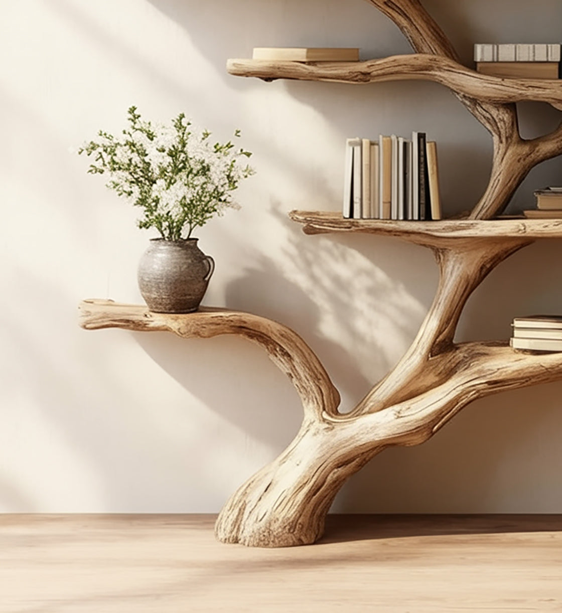 Live Edge Tree Branch Shelf – Handmade Wooden Bookcase, Rustic Decor
