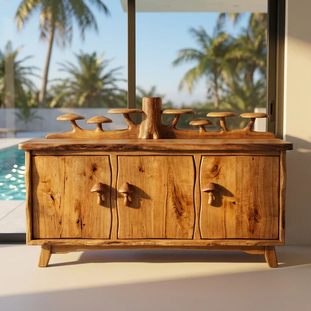 Mushroom Forest Sideboard with Carved Tree Trunk Back Display and Mushroom Door Handles, Handcrafted Solid Wood Credenza, Rustic Living Room Storage Cabinet - Ashdeco 2026