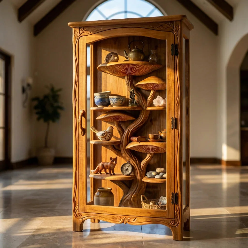 Mushroom Tree Glass Display Cabinet with Hand-Carved Tree Trunk Shelves and Vine-Carved Frame, Handcrafted Solid Wood Curio Cabinet for Living Room and Dining Room - Ashdeco 2026