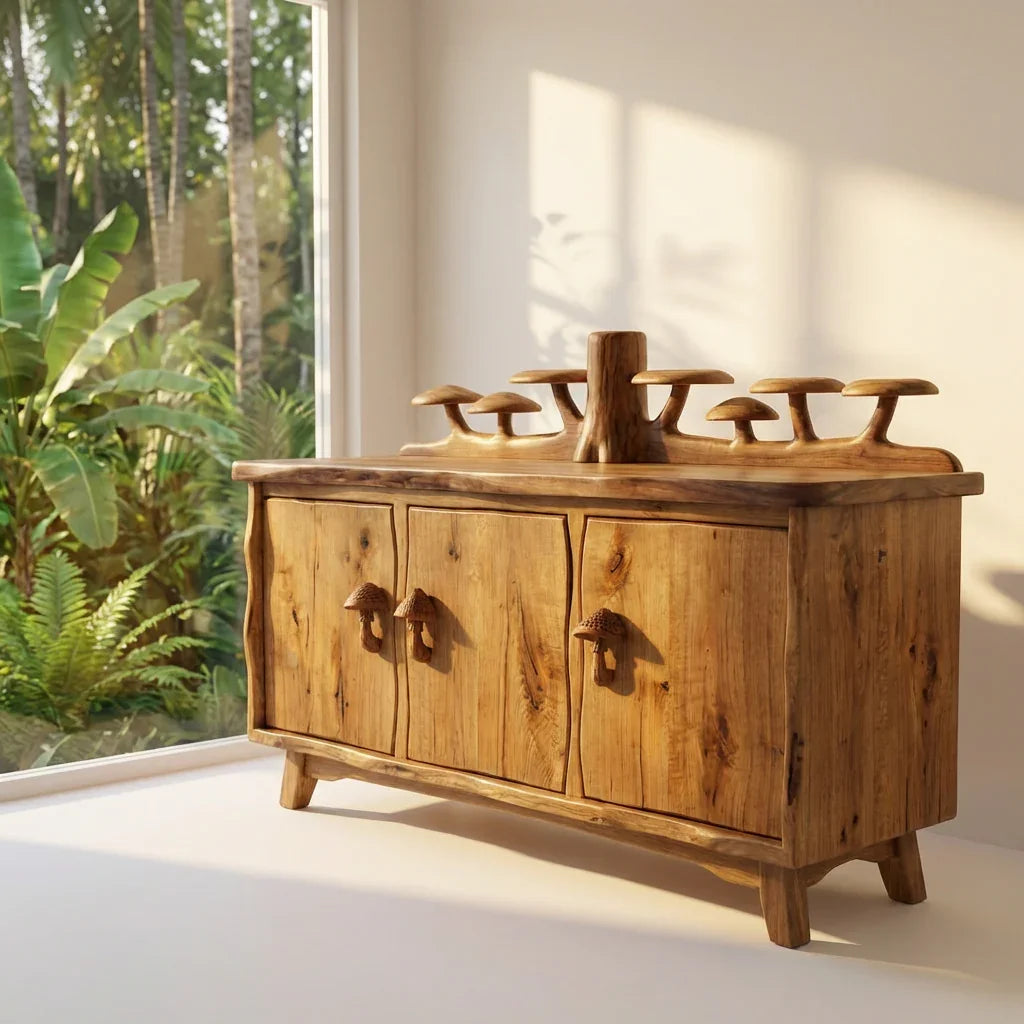 Mushroom Forest Sideboard with Carved Tree Trunk Back Display and Mushroom Door Handles, Handcrafted Solid Wood Credenza, Rustic Living Room Storage Cabinet - Ashdeco 2026