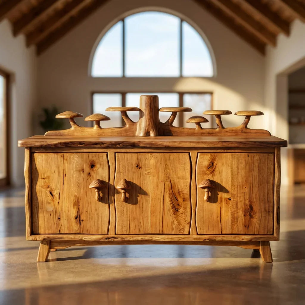 Mushroom Forest Sideboard with Carved Tree Trunk Back Display and Mushroom Door Handles, Handcrafted Solid Wood Credenza, Rustic Living Room Storage Cabinet - Ashdeco 2026
