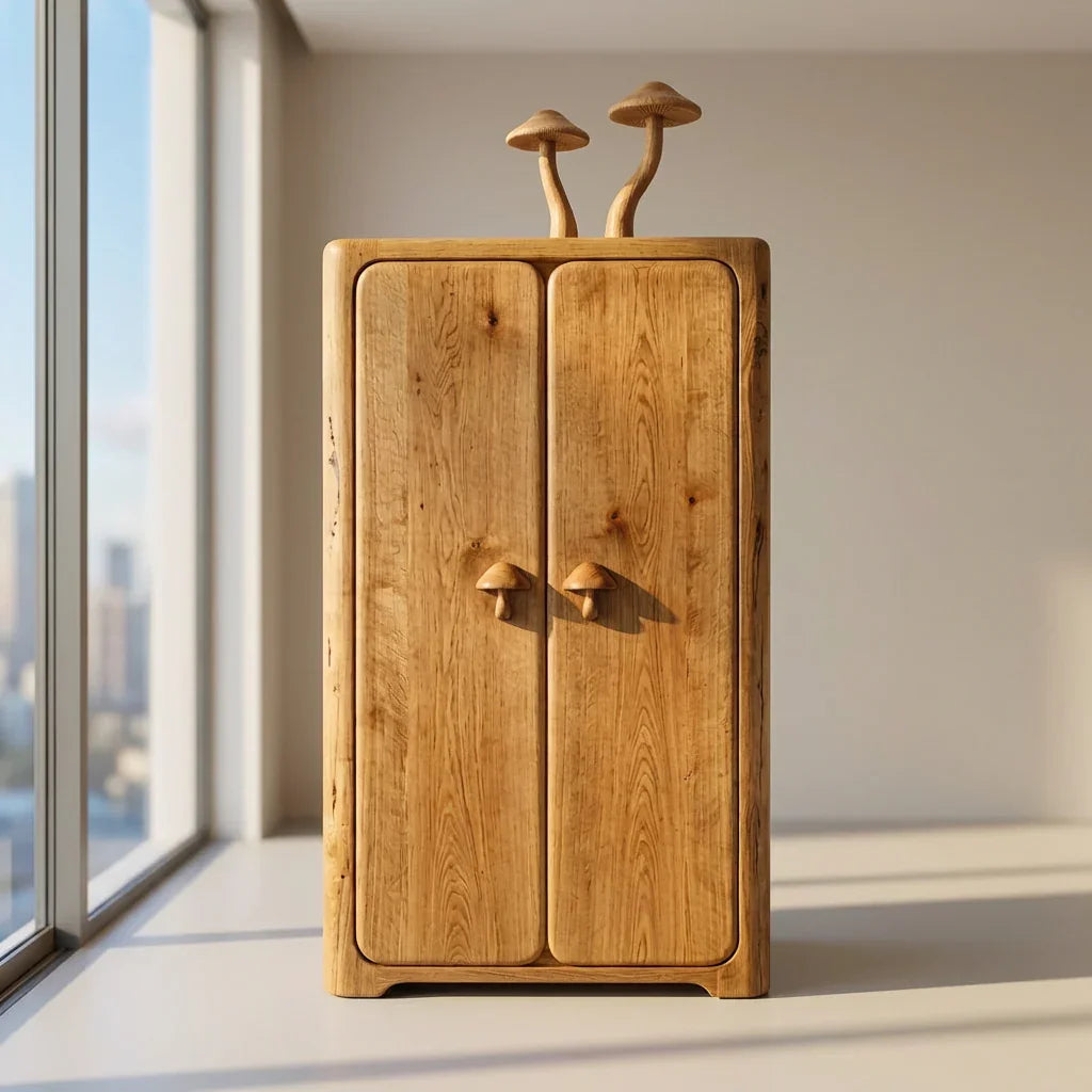 Mushroom Tall Cabinet with Carved Mushroom Top Sculpture and Mushroom Door Handles, Handcrafted Solid Wood Armoire, Minimalist Storage Wardrobe for Bedroom and Living Room - Ashdeco 2026