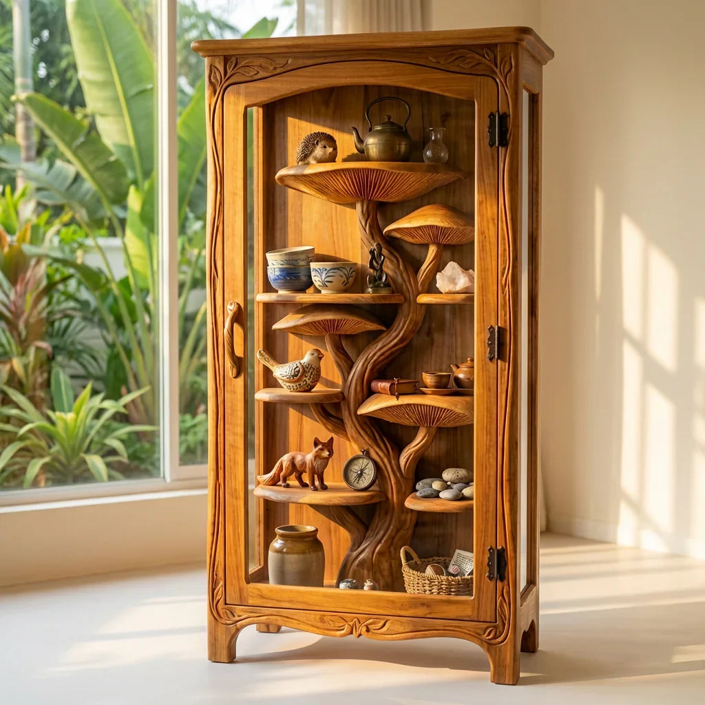 Mushroom Tree Glass Display Cabinet with Hand-Carved Tree Trunk Shelves and Vine-Carved Frame, Handcrafted Solid Wood Curio Cabinet for Living Room and Dining Room - Ashdeco 2026