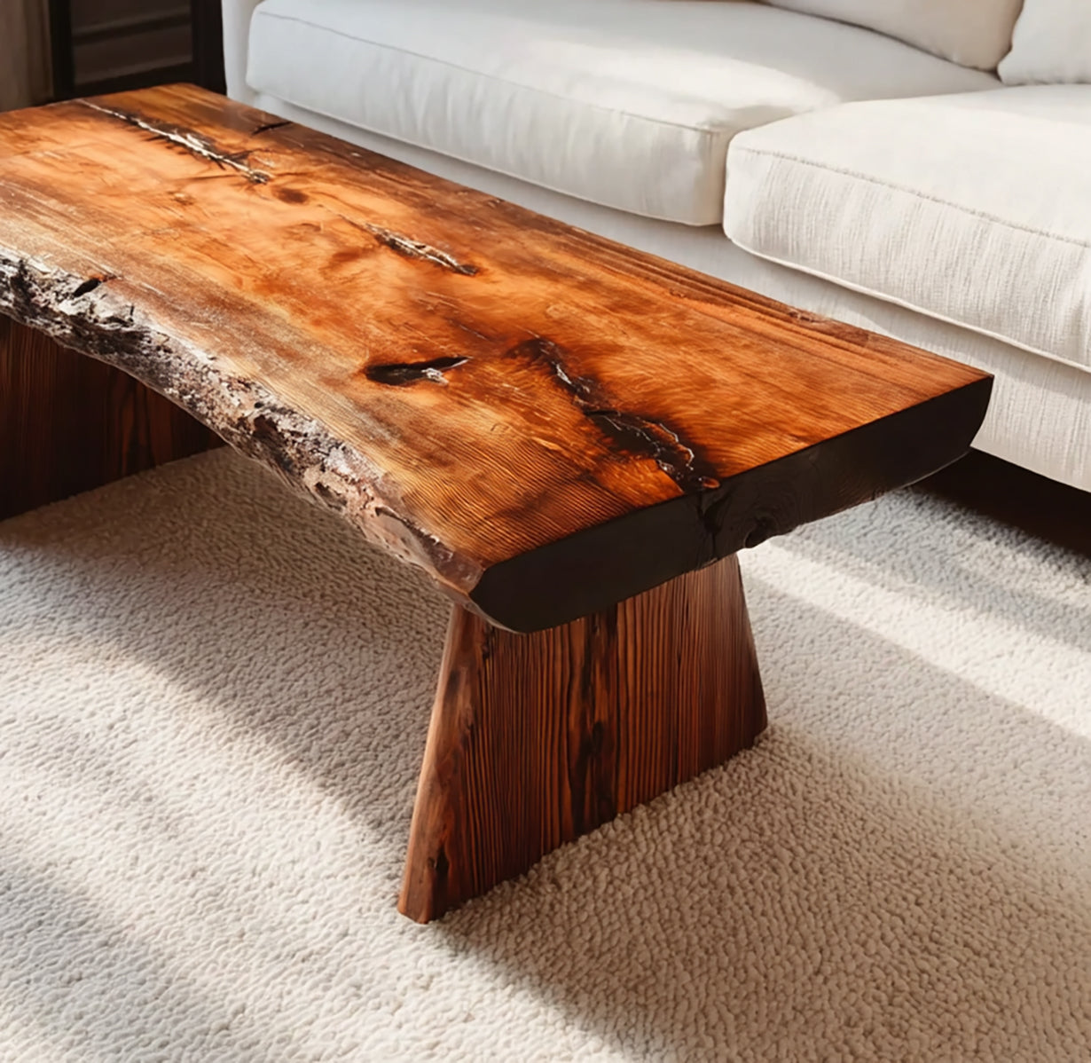 Rustic Handmade Wooden Coffee Table – Live Edge Solid Wood Farmhouse Trestle Table