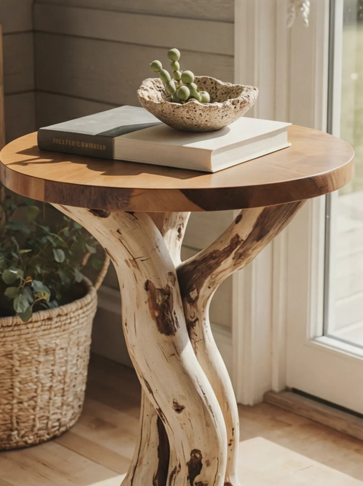 Solid wood live edge side table with twisted base, books, and ceramic bowl in sunlight
