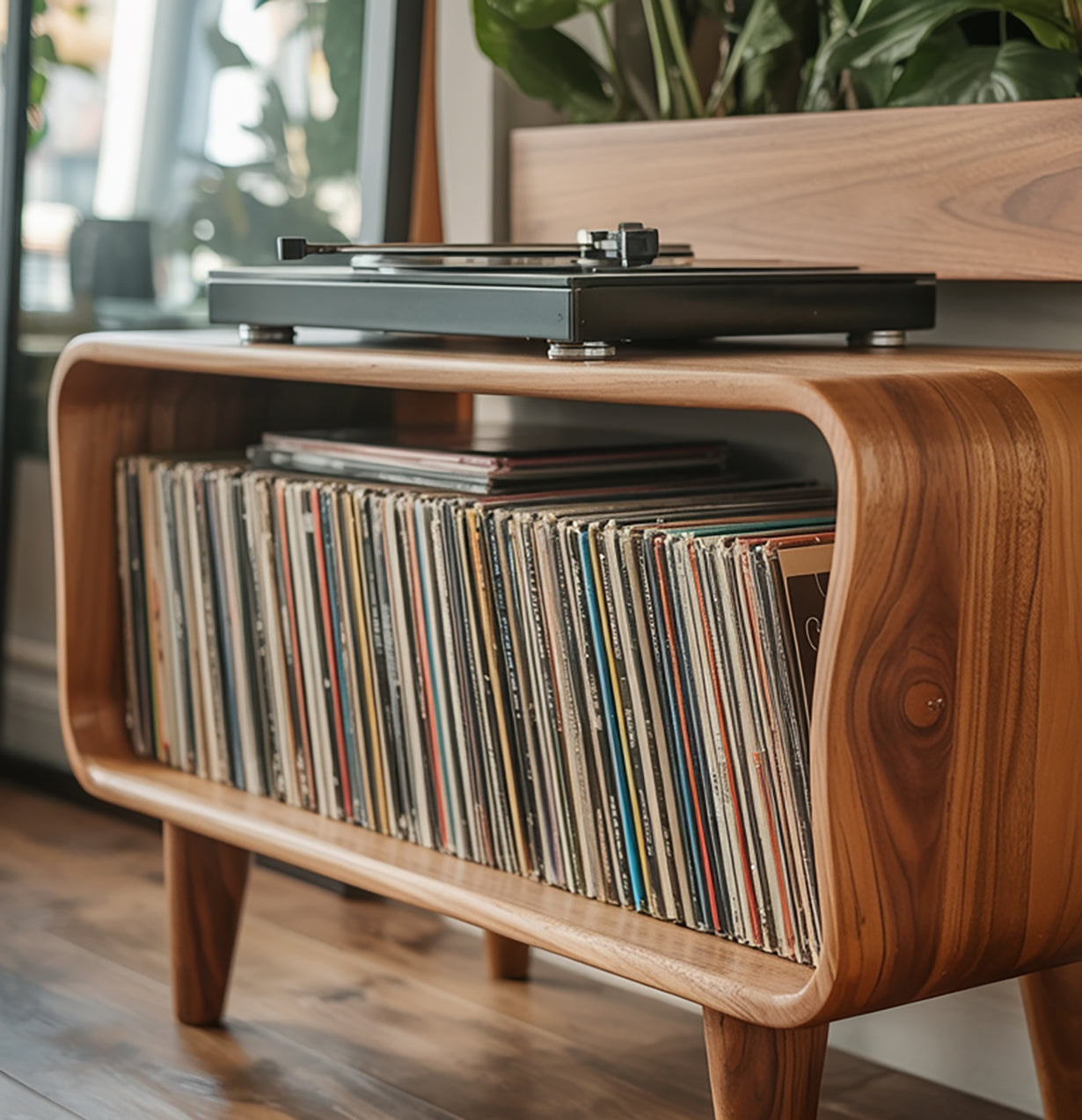 Solid Wood Record Player Stand – Mid-Century Modern Turntable Console