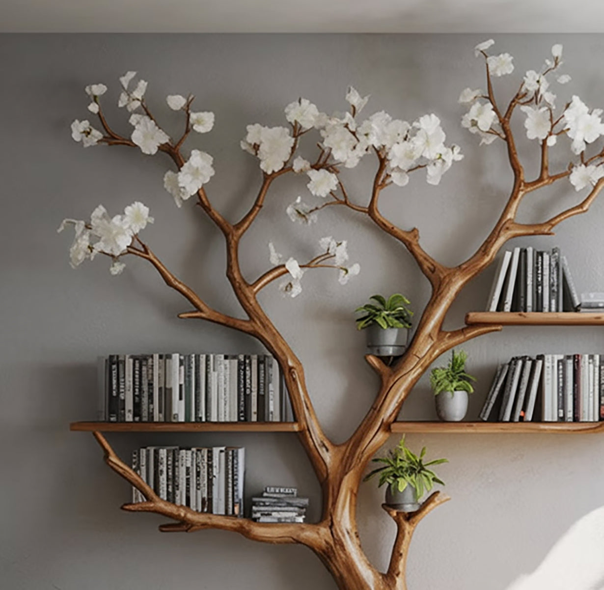 Tree-shaped wooden bookshelf with white flowers, books, and potted green plants on gray wall