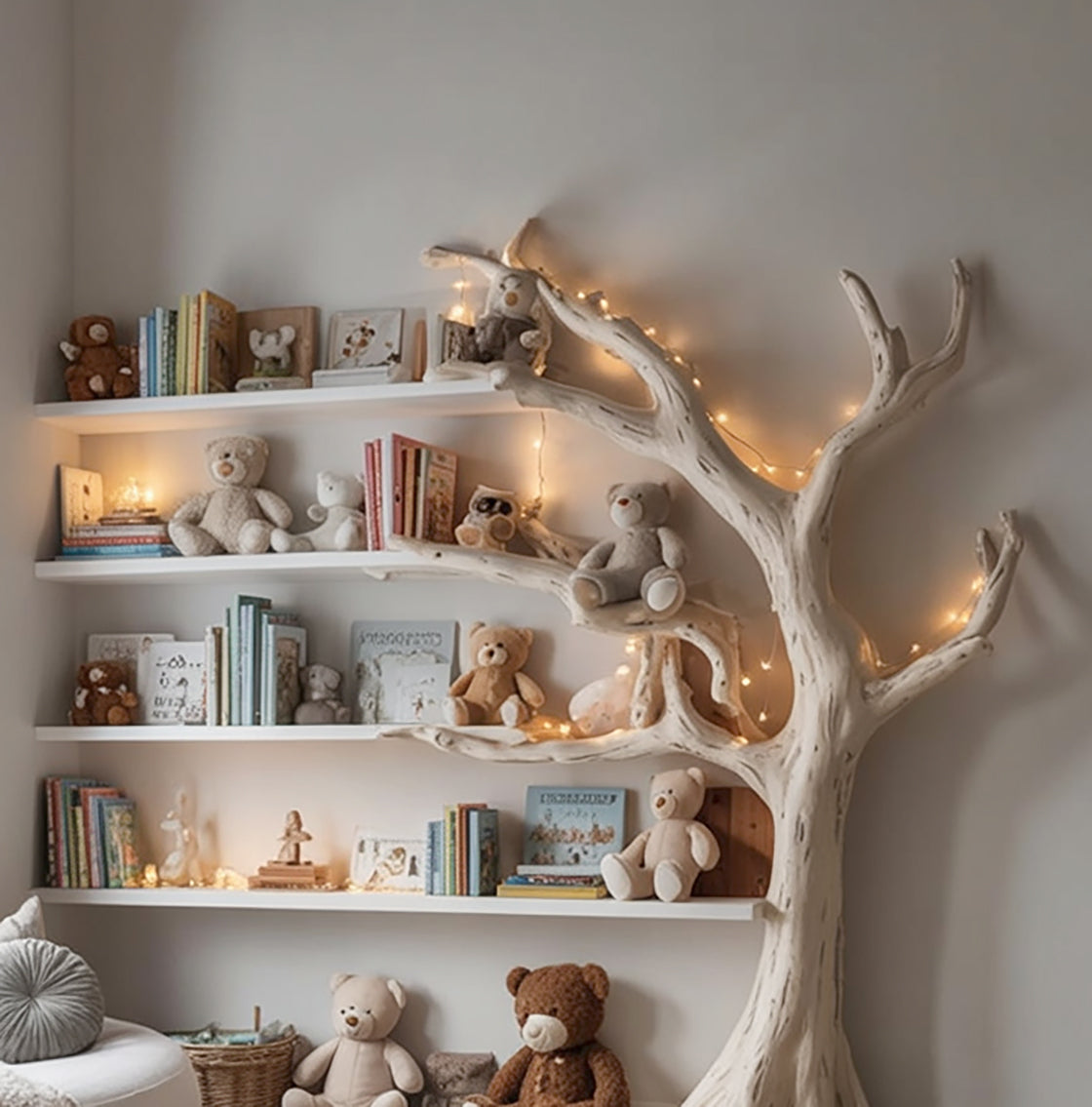 Children's room with white tree-shaped bookshelf decorated with teddy bears, books, and string lights