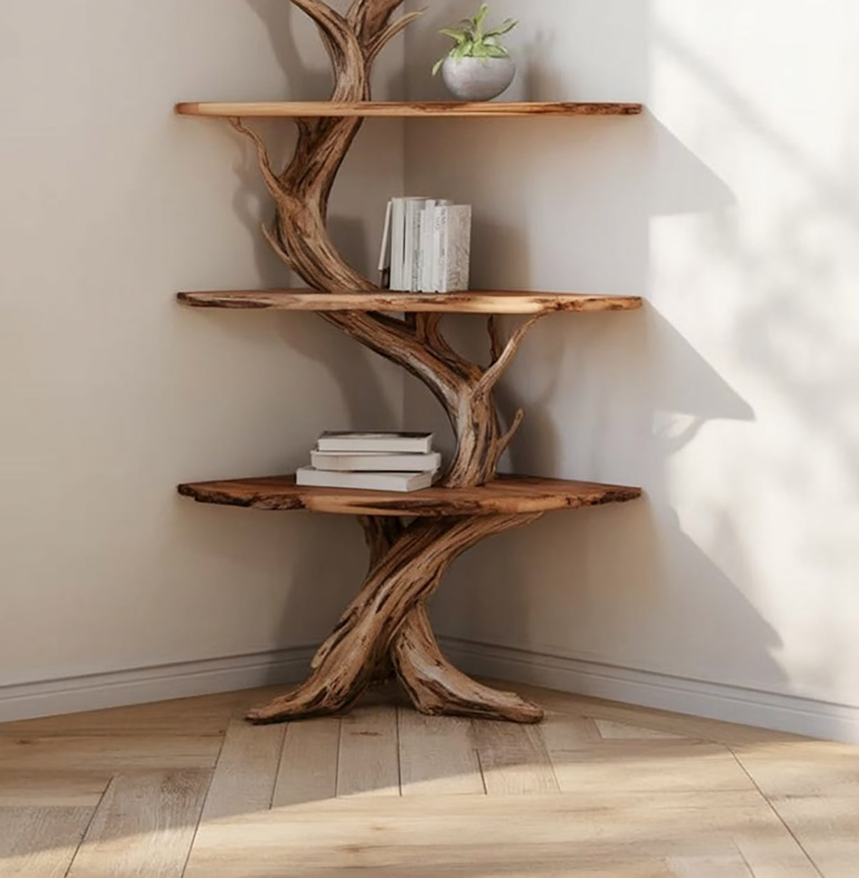 Tree Bookshelf Corner Wall Shelves – Solid Wood Driftwood Branch Décor