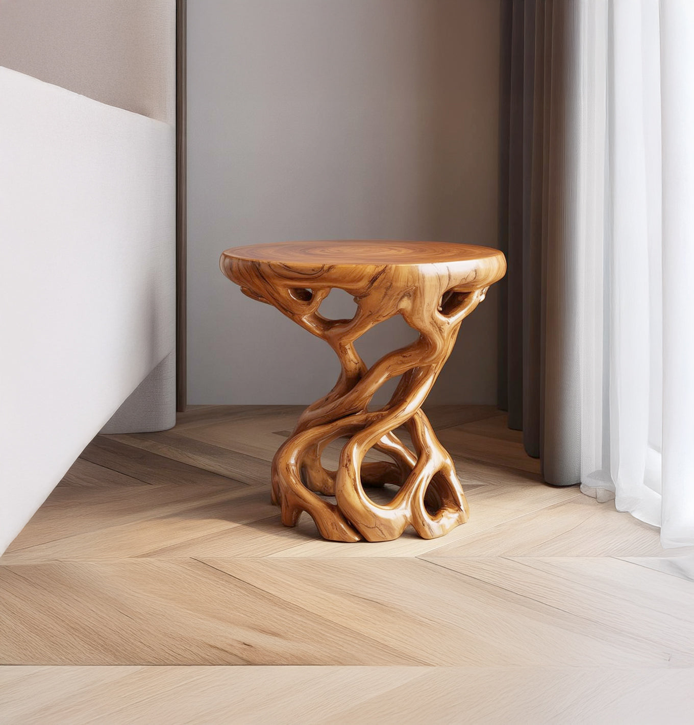 Carved natural wood side table with twisted roots design in modern minimalist bedroom