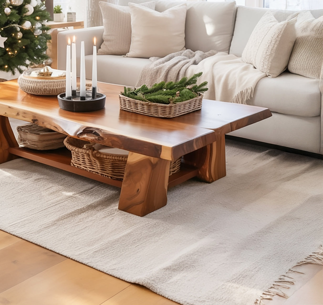 Rustic Solid Wood Coffee Table – Handcrafted with Built-In Shelf