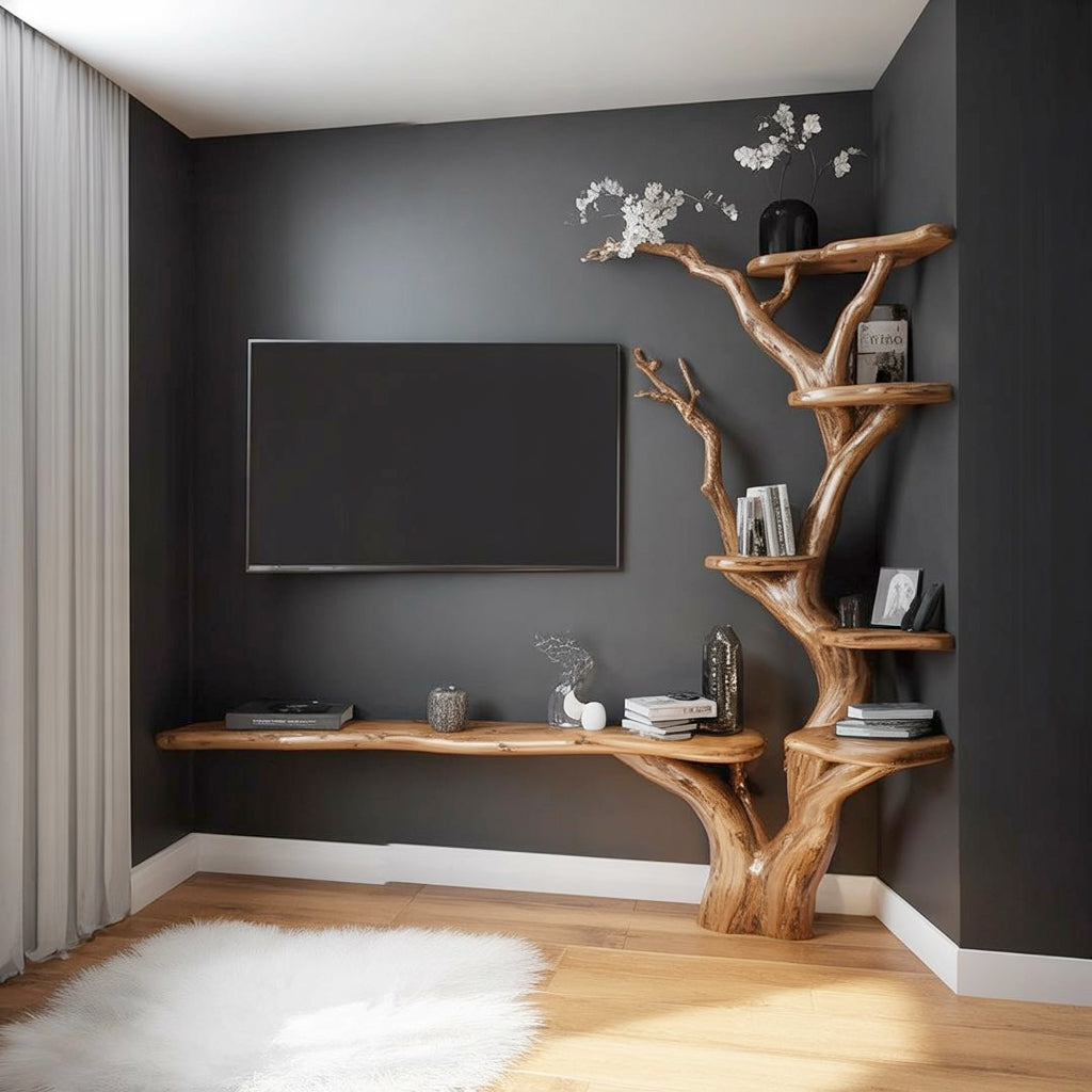 Rustic Tree Bookshelf Wood TV Stand Wall Book Shelf Handmade Furniture Living Room