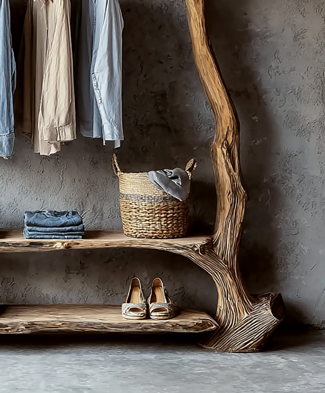 Handcrafted Tree Branch Clothing Rack – Solid Wood Wardrobe Shelf Organizer for Home Décor