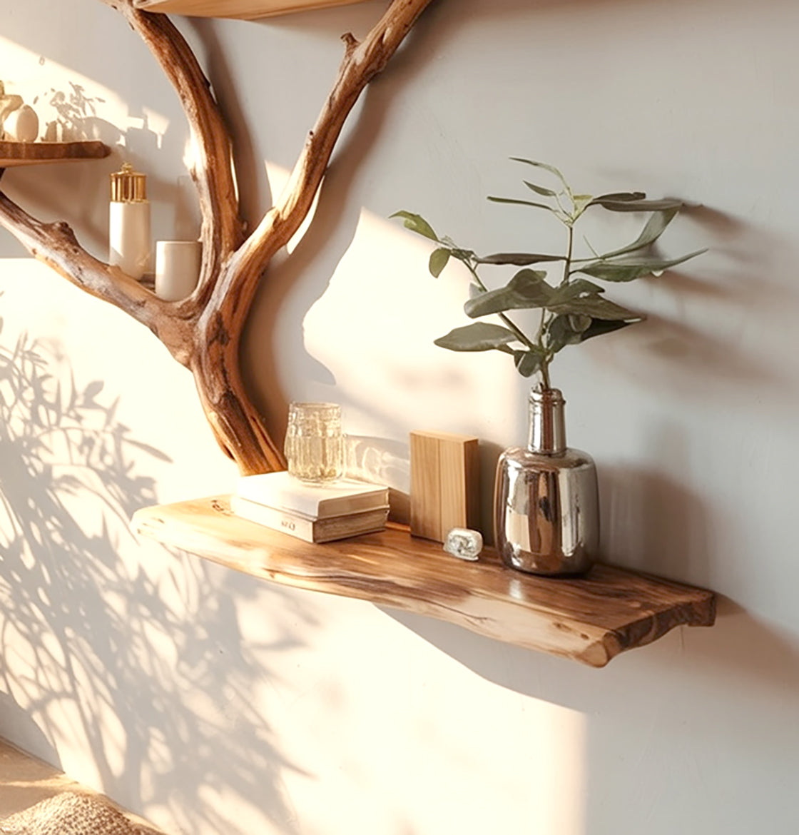 Handcrafted Tree Branch Wall Shelf – Live Edge Wooden Floating Shelf, Rustic Home Decor