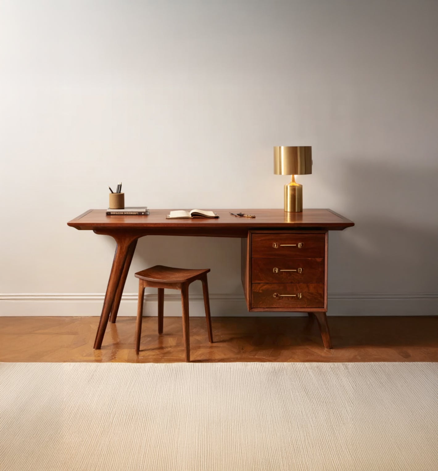 Mid-Century Modern Solid Wood Desk – Elegant Walnut Writing Table with Brass Accents