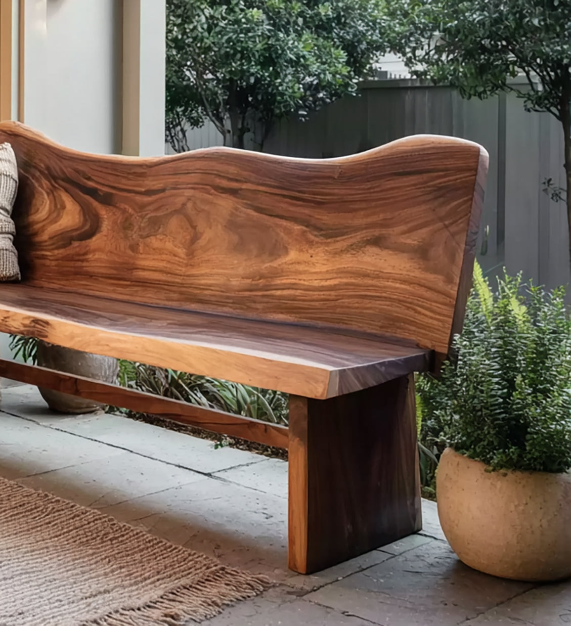 Rustic Handcrafted Outdoor Wooden Bench – Curved Backrest